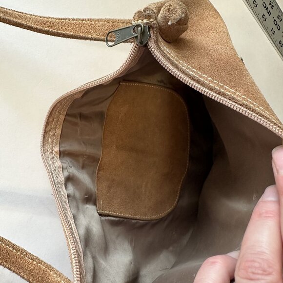 Womens Brown Suede Crossbody Bag Let it Be Psychedelic Design Artisan Music - Picture 6 of 8